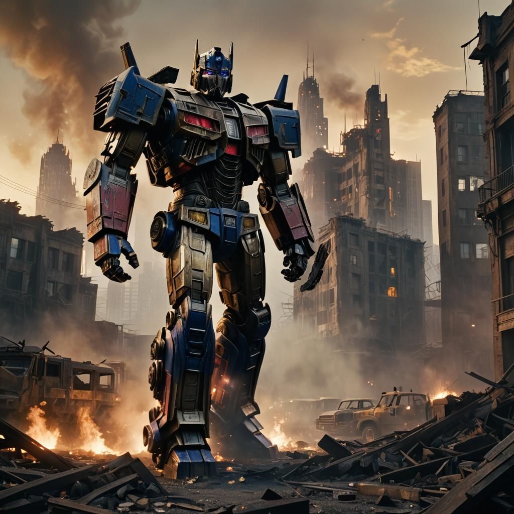 Optimus Prime in War-Torn Cityscape
