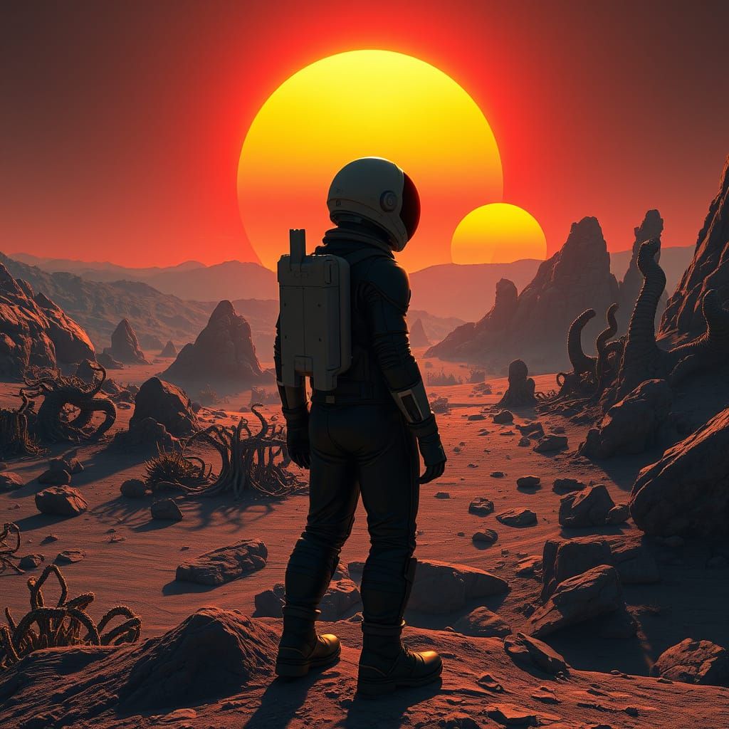 Astronaut on Alien Planet Gazing at Binary Sunset