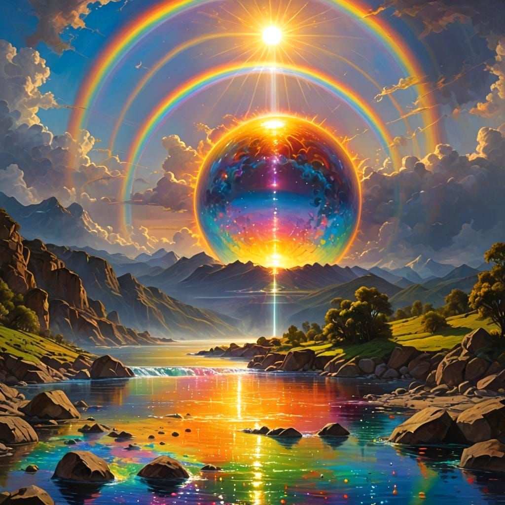 Radiant Energy Beams Strike River in Digital Painting