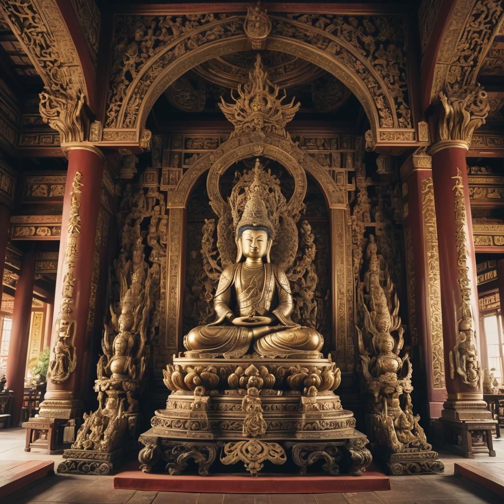 Majestic Quan Yin Statue in Ornate Buddhist Temple