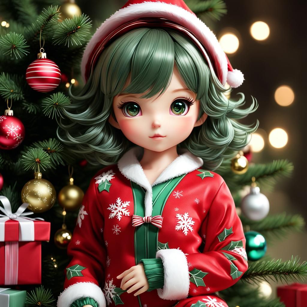 Cute Christmas Doll Decorating Tree, Digital Art