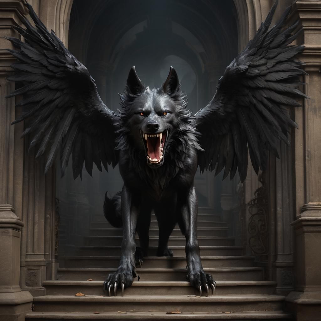 Fierce Winged Wolf Guards Stairway in Baroque Style