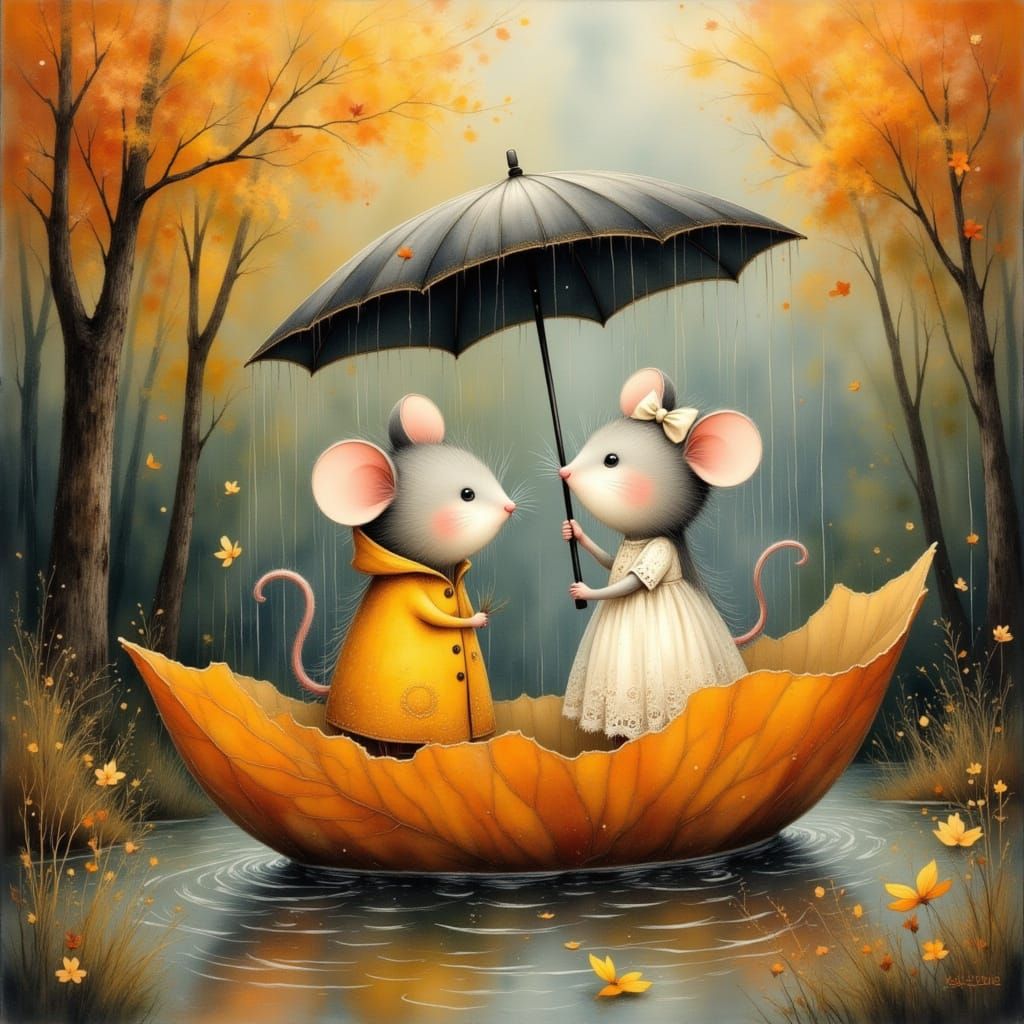 Two Adorable Mice on an Orange Leaf Boat in Autumn Forest