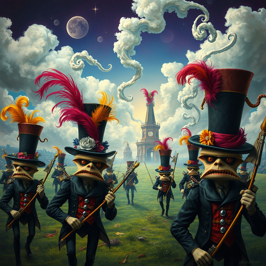 Anthropomorphic Hats March to War in Surreal Dreamscape