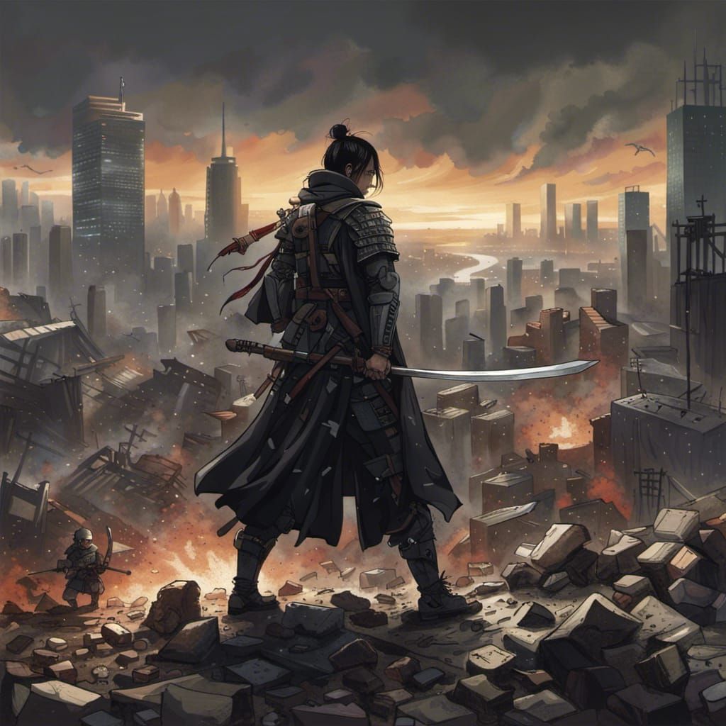 Samurai vs Soldier in War-Torn Cityscape: Detailed Matte Pai...