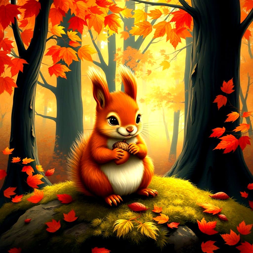 Squirrel with Acorn in Vibrant Fall Forest