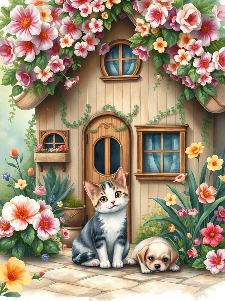 Feline and Canine Friends in a Vibrant French Garden