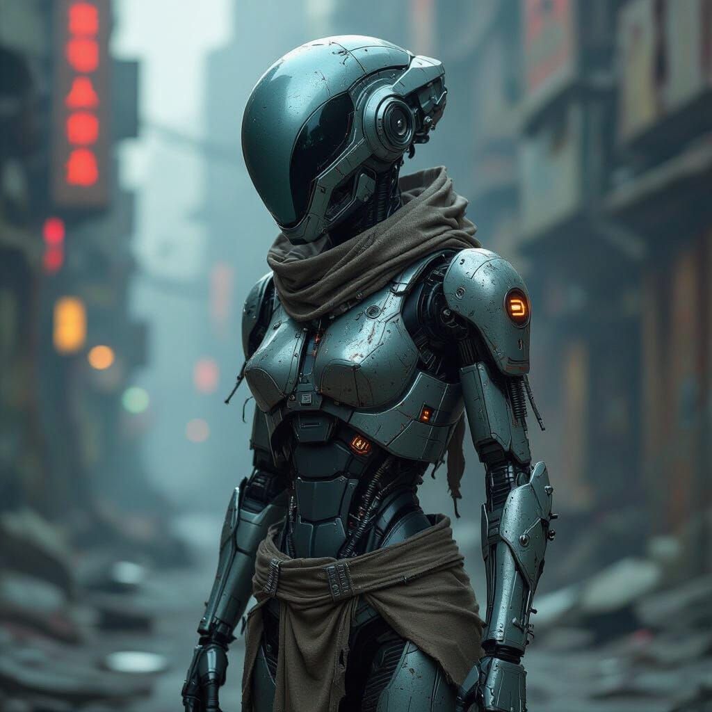 Cyberpunk Alien Junkbot in Dystopian Landscape