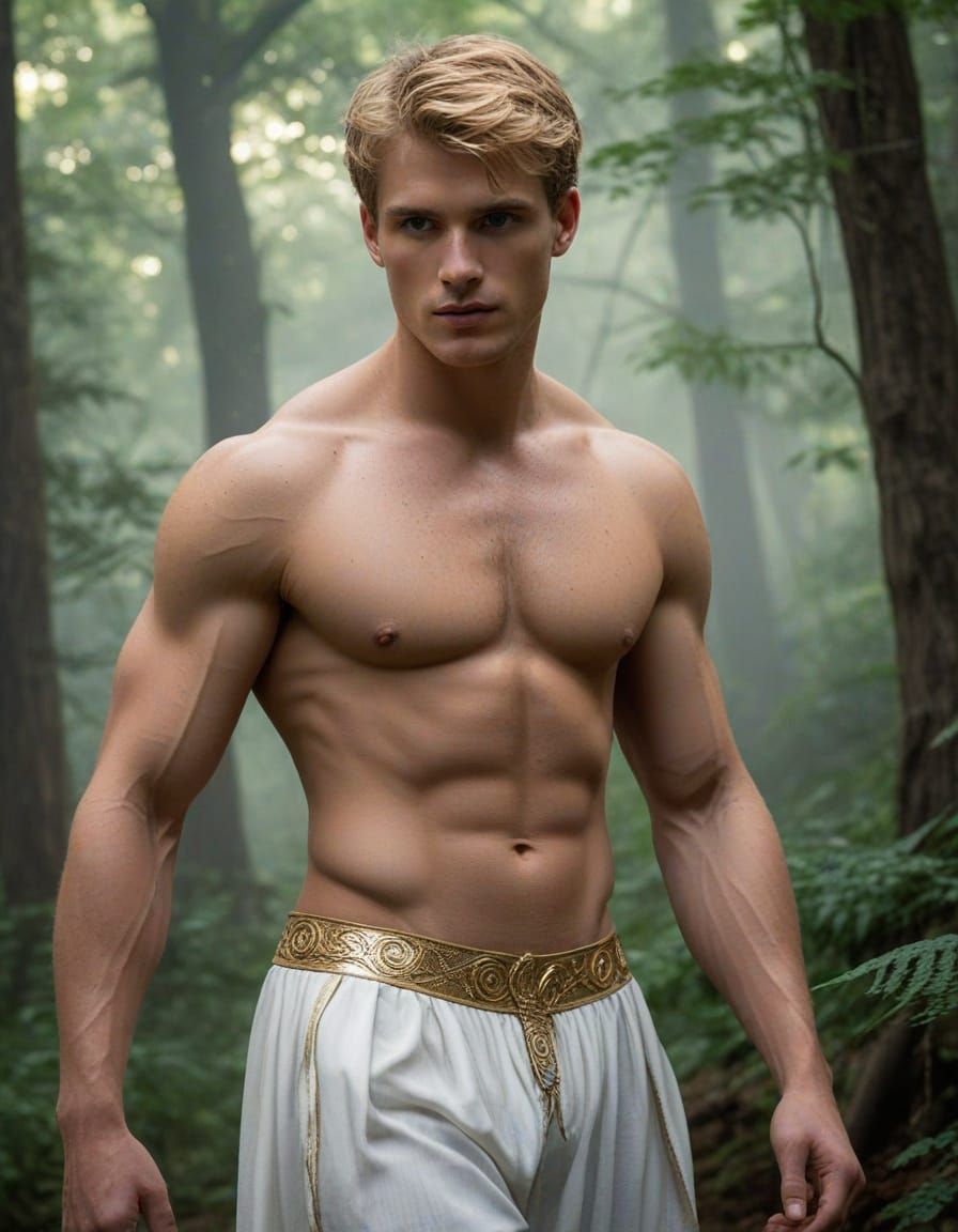 Chiseled Greek God Hermes Amidst Enchanted Forest