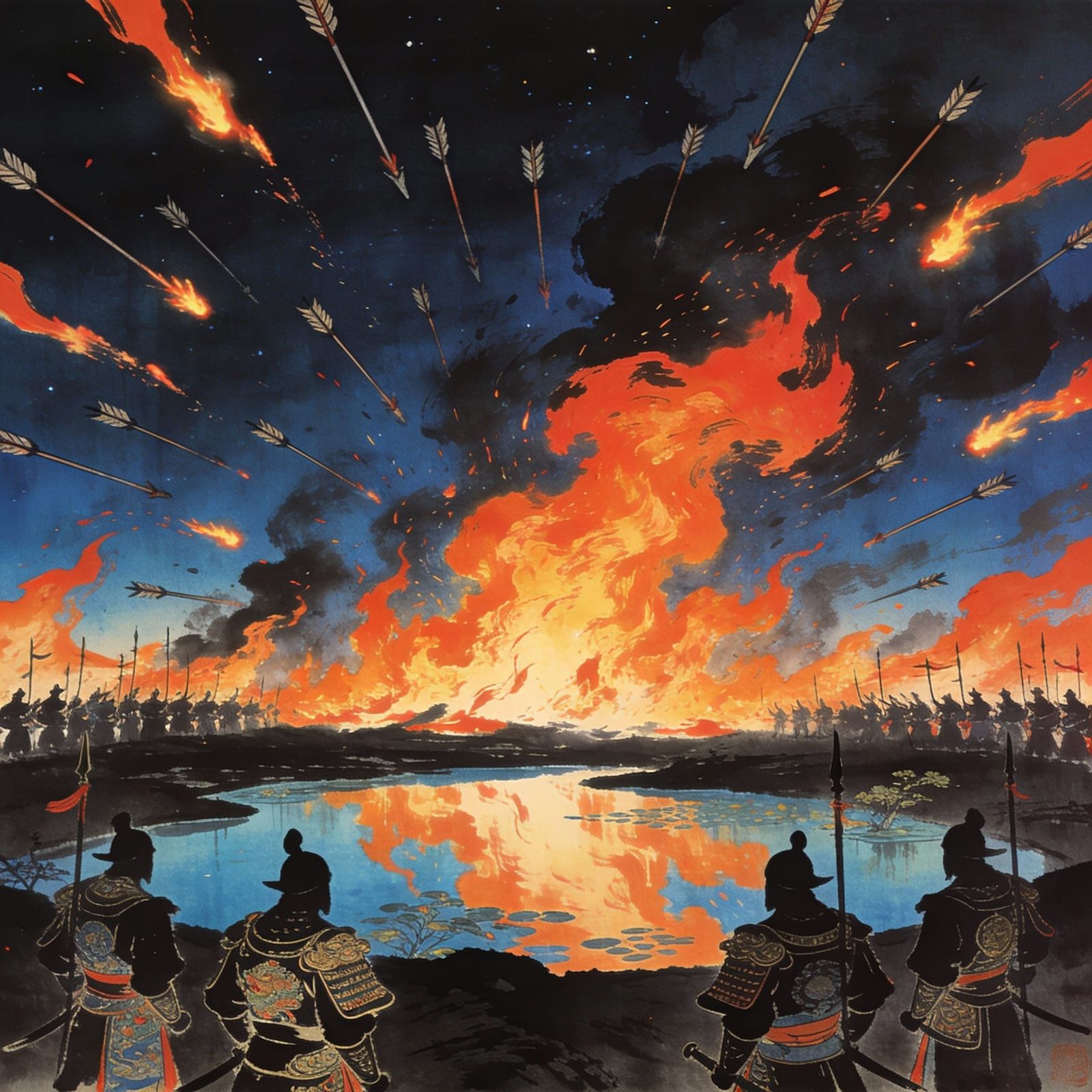 Warriors Under Fiery Arrow Shower in Dynasty Armor