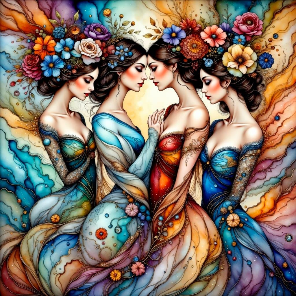 Art Nouveau-Inspired Women in Serene Lake Backdrop