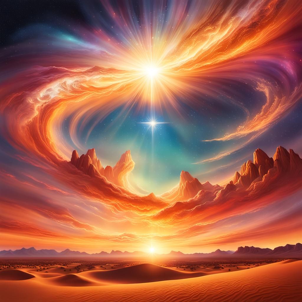 Shining Star Over Desert Landscape in Celestial Art