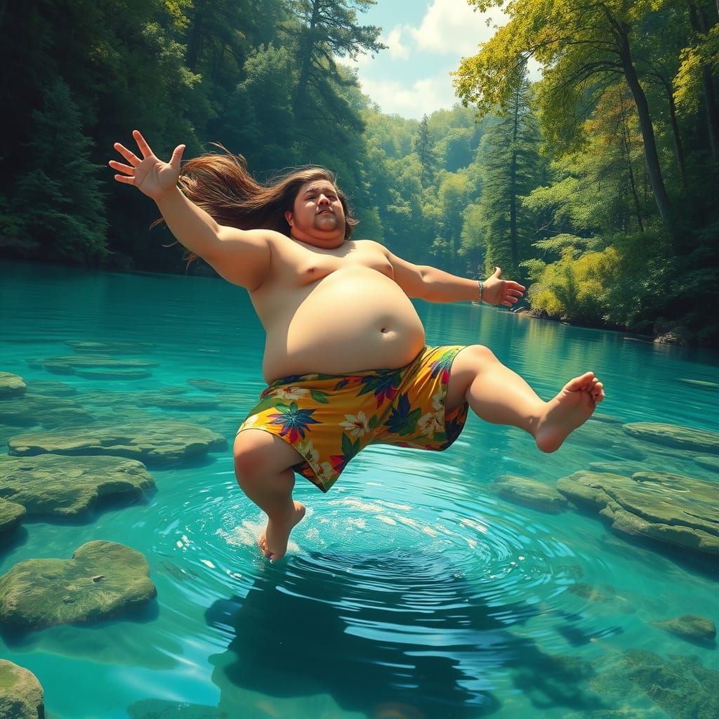 Psychedelic Realistic Image: Man Jumping in Turquoise Lake