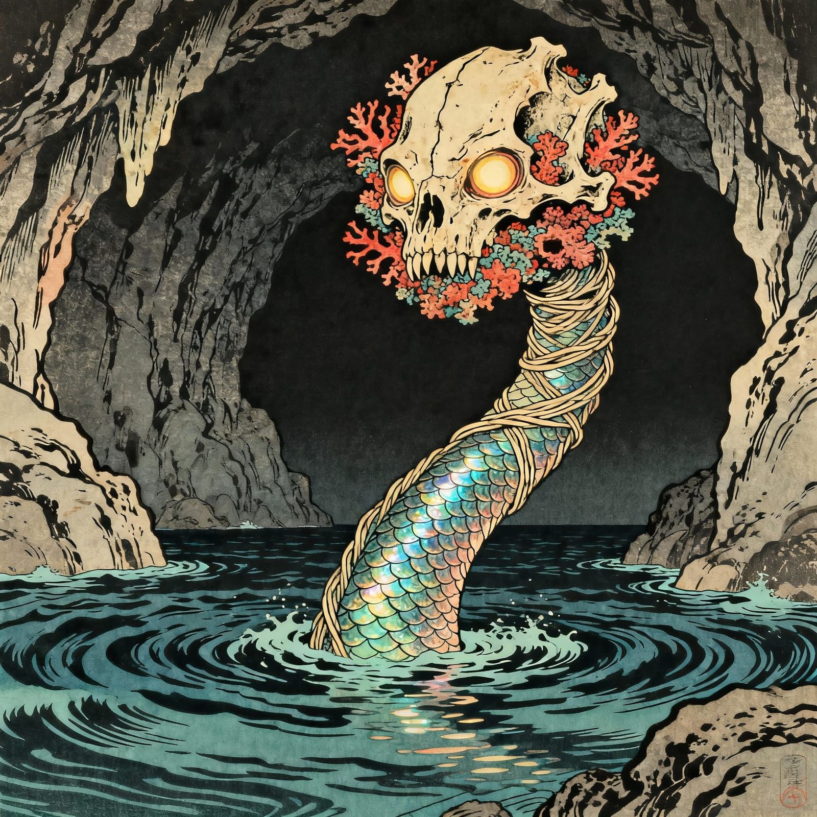Coral and Bone Octopus Rises From Cave in Ukiyo-e Style