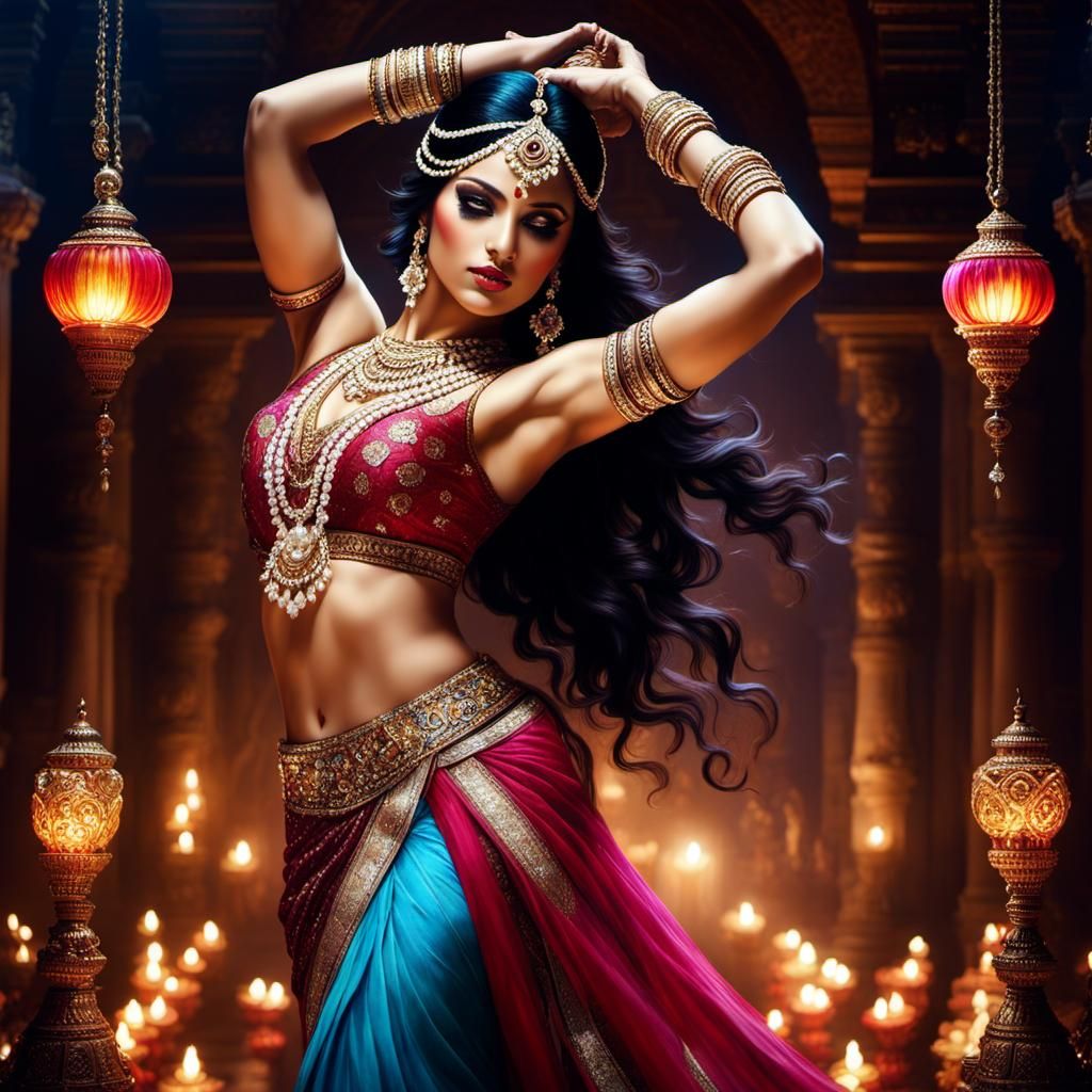 Indian Classical Dancer in Palace, Hyperrealistic Watercolor