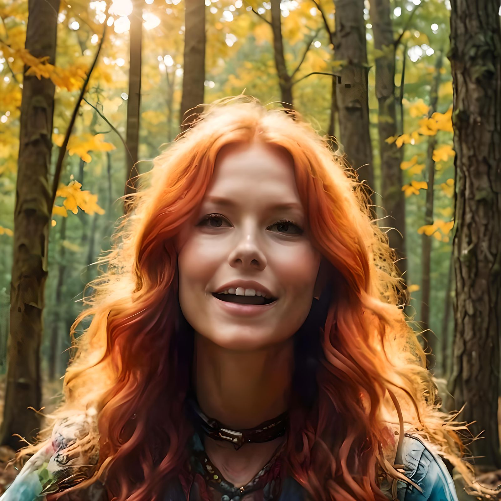 Red-Haired Hippie Rock Singer in Autumn Forest