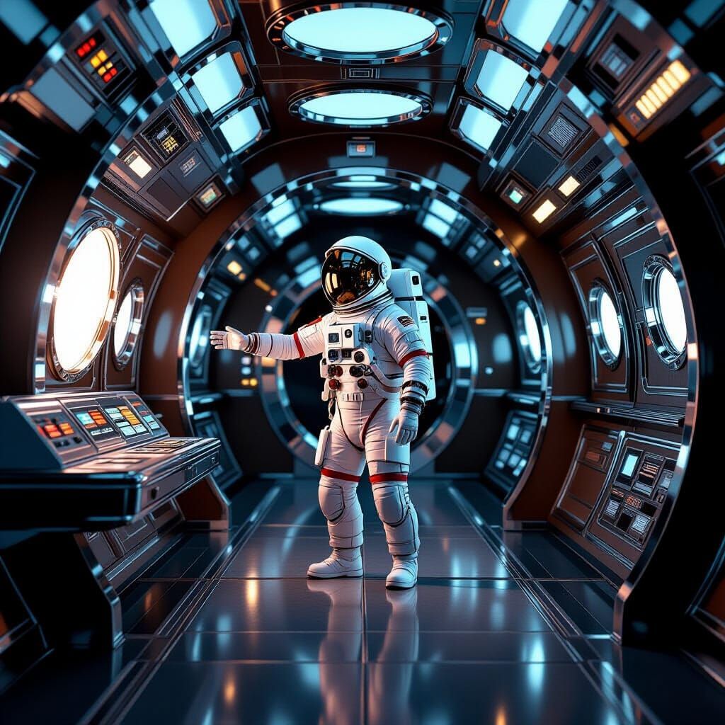 Retro Spaceship Interior with Astronaut and Flashing Lights