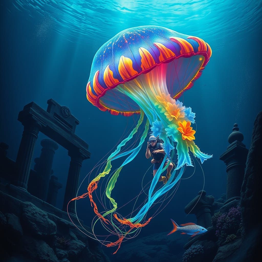 Giant Rainbow Jellyfish in Bioluminescent Abstract Style