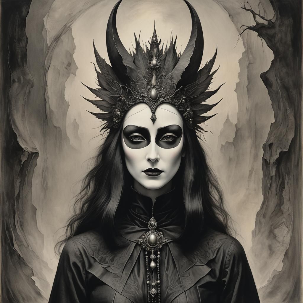 Mysterious Masked Figure at Masquerade, Surreal Charcoal Art