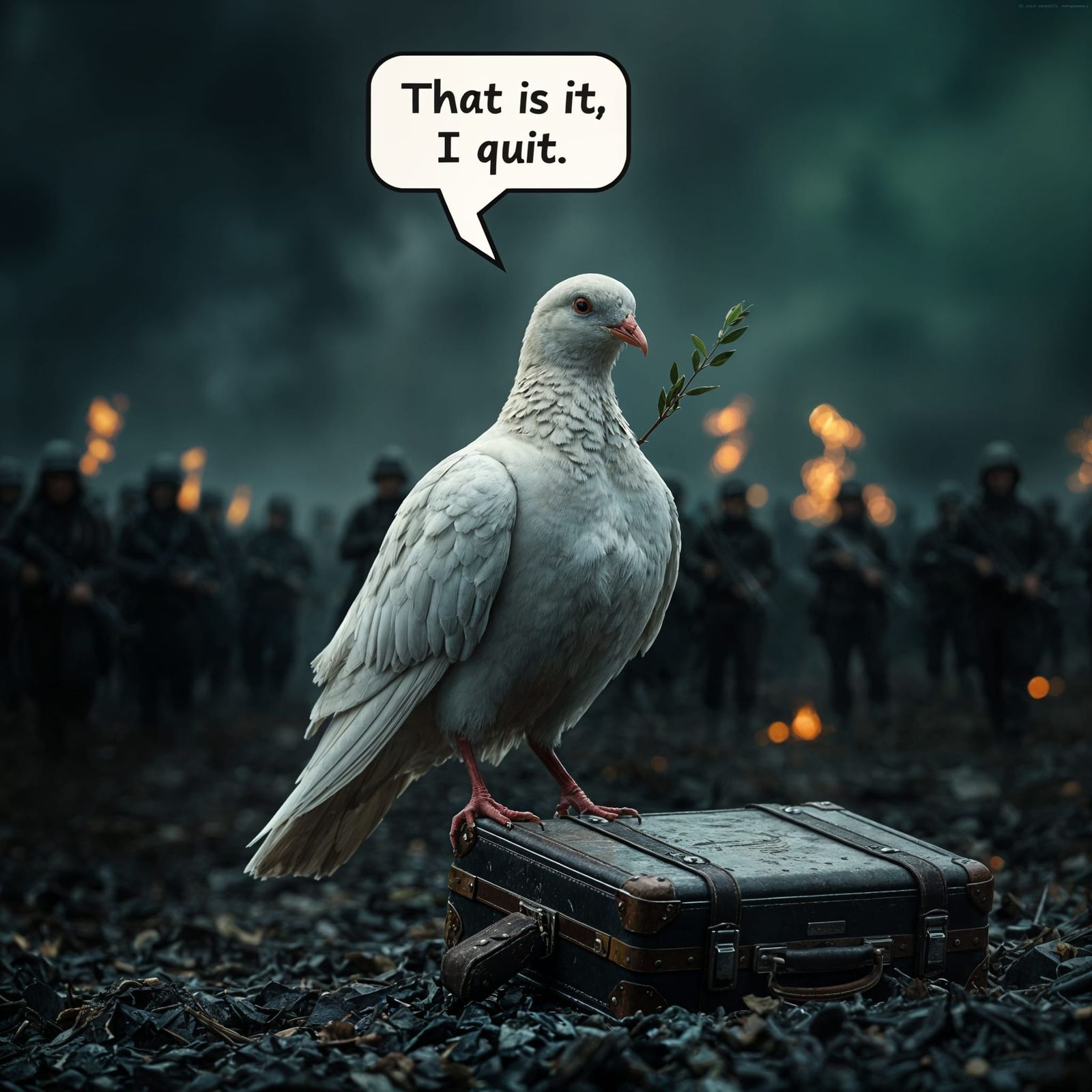 War-weary Dove Abandons Hope in Desolate Battlefield