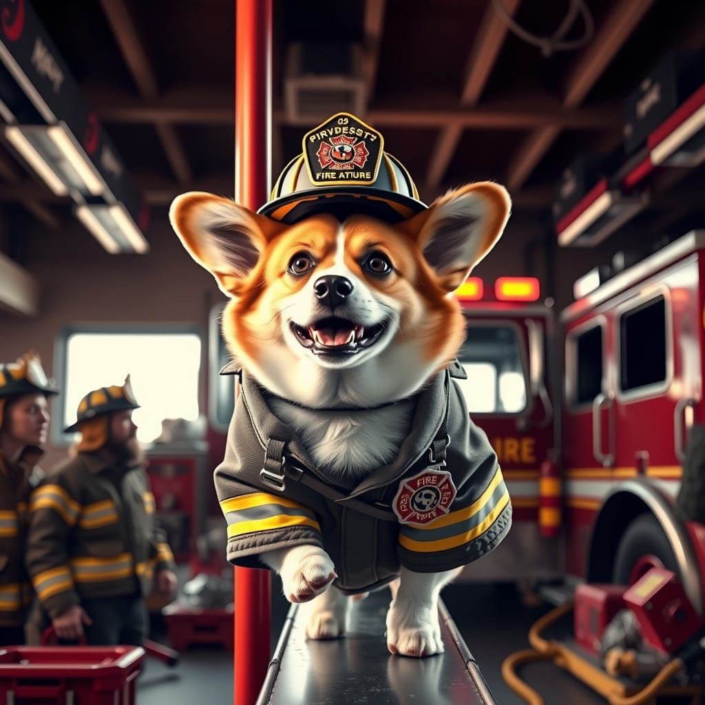 Confident Corgi Firefighter Slides Down Fire Station Pole