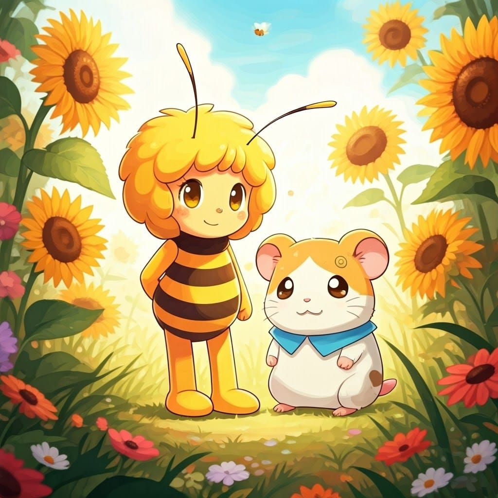 Whimsical Anime Landscape with Maya the Bee and Hamtaro