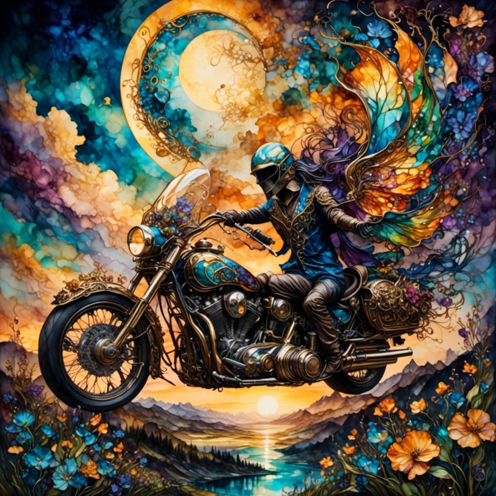 Fantasy Motorcycle at Sunset with Ink Flowers