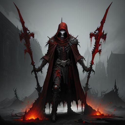 Towering Skeletal Figure in Blood-Red Robes