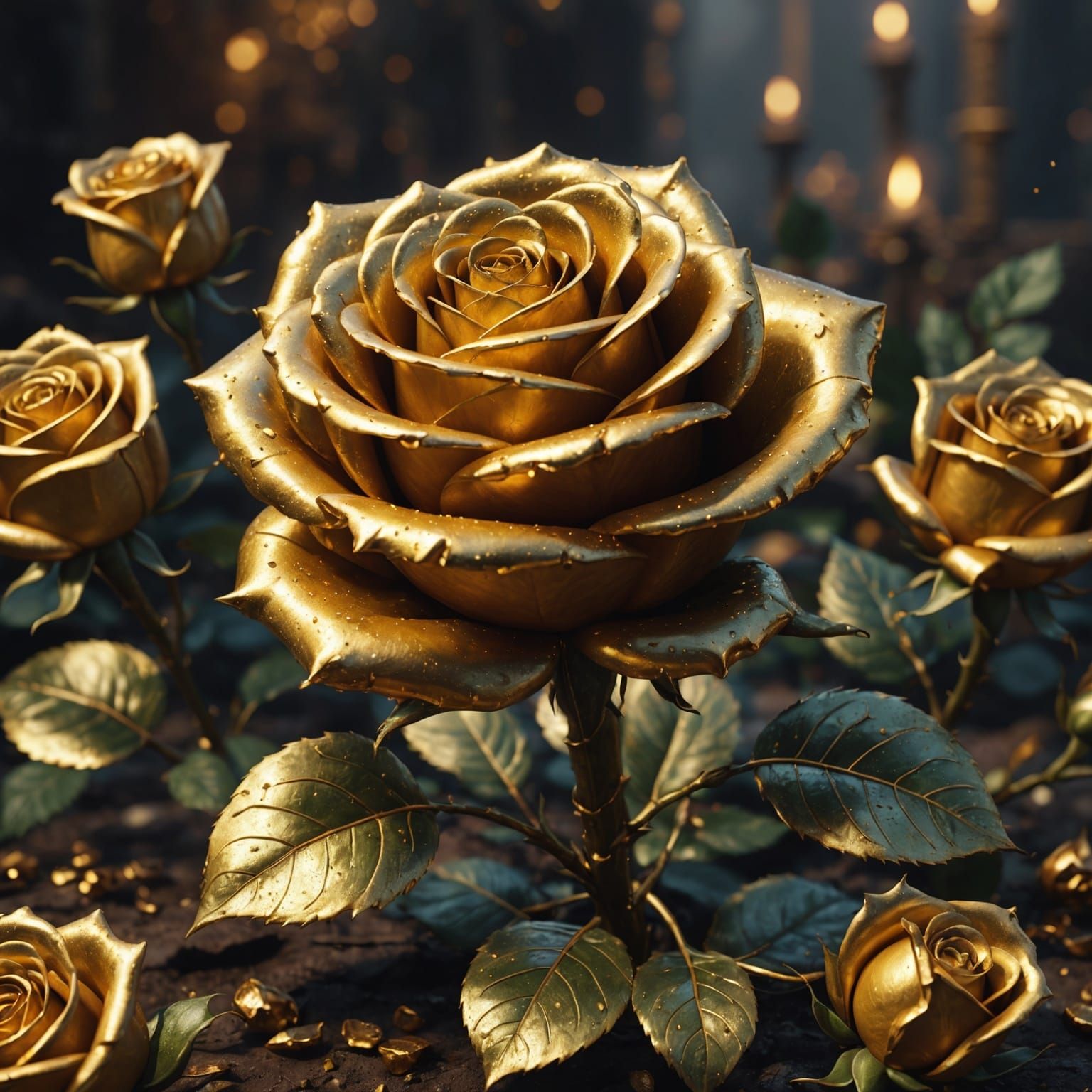 Glistening Golden Rose on Gold Pile: Fantasy Art