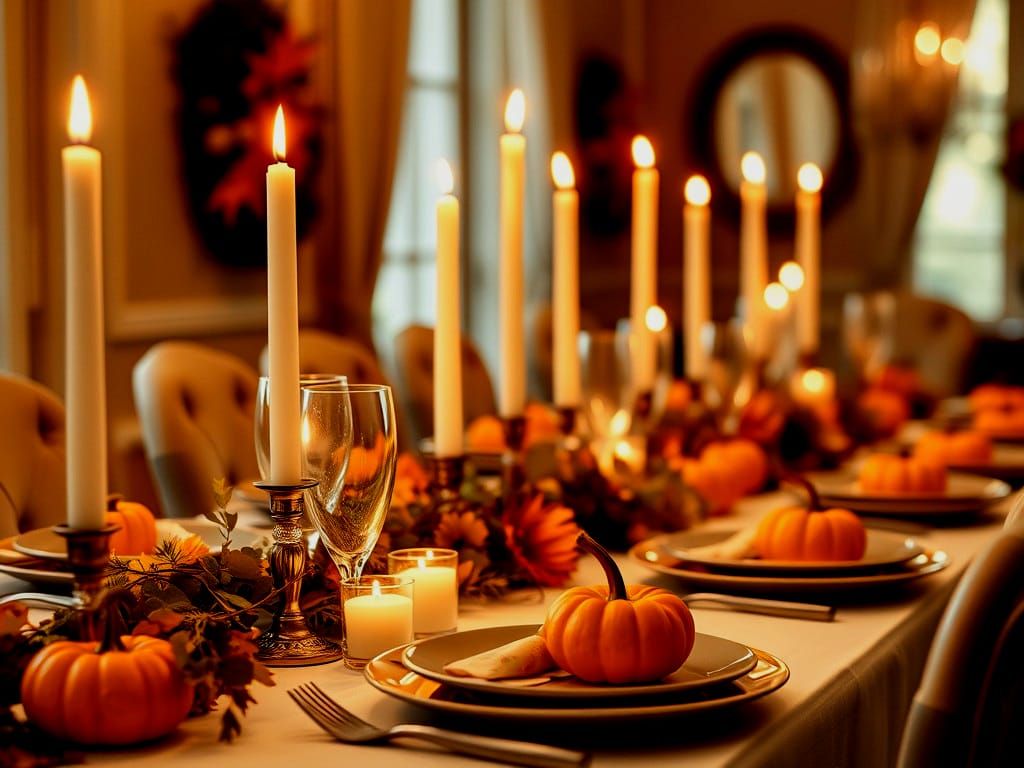 Candlelight Thanksgiving Dinner Table with Pumpkins