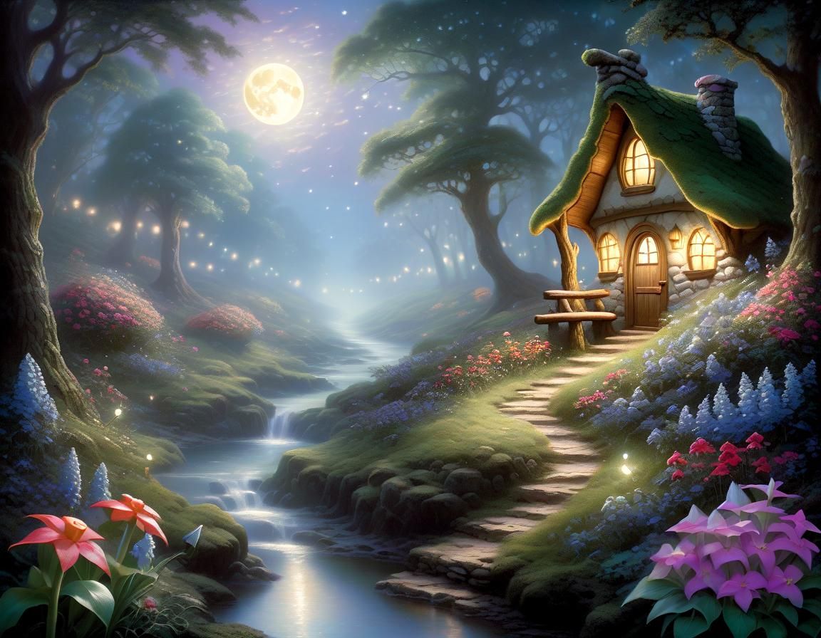 Magical Elf in Moonlit Forest, Hyperrealistic Fantasy