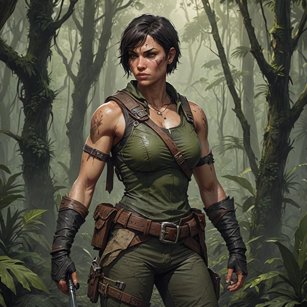 Muscular Female Ranger in Dark Fantasy Jungle