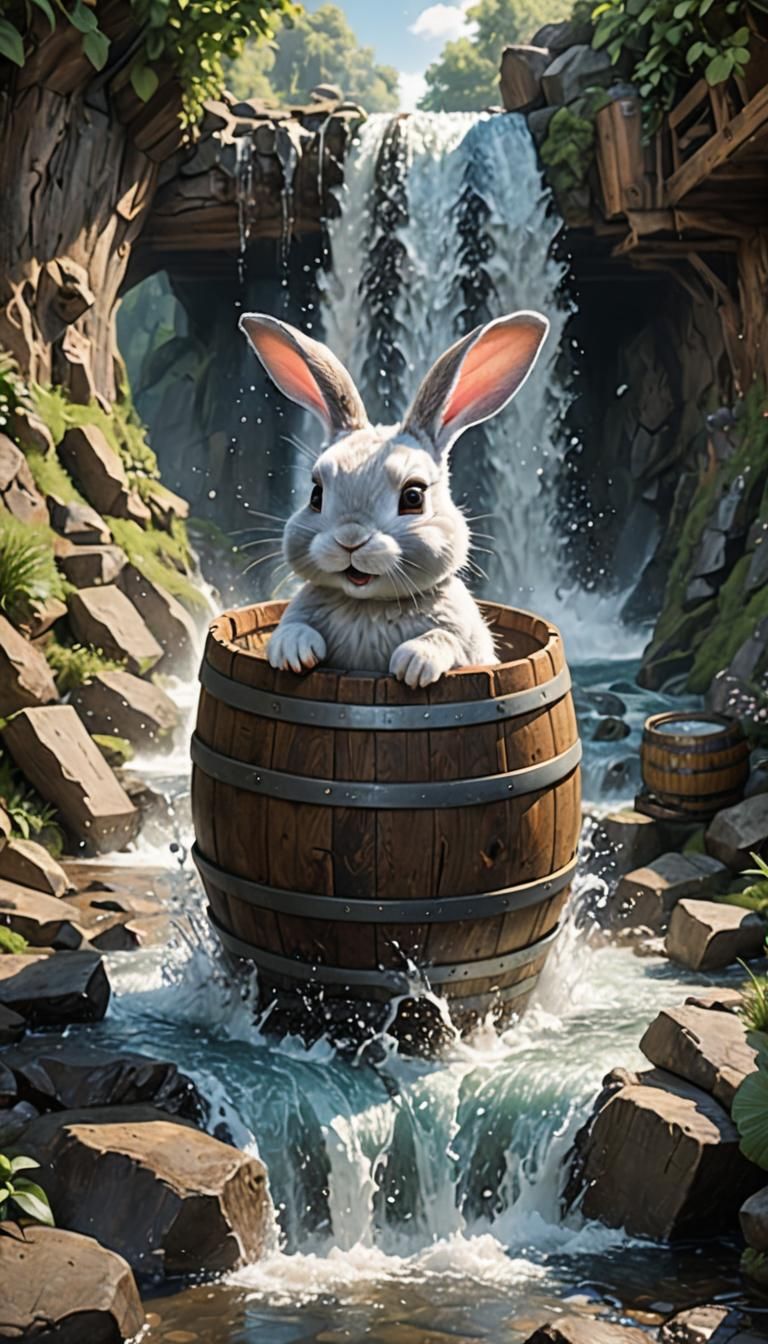 Rabbit's Wild Ride Over Waterfall in Barrel