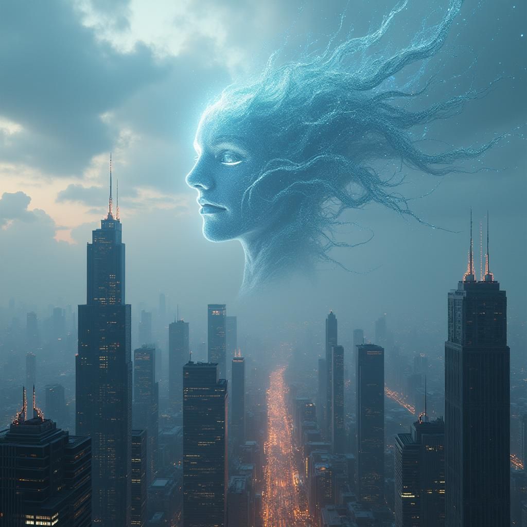 Futuristic Metropolis Dominated by Ethereal AI Entity