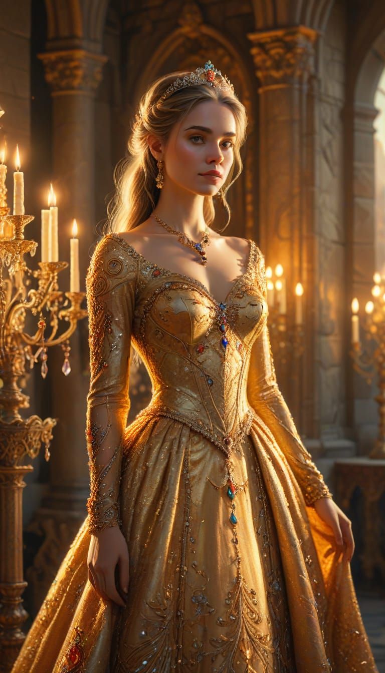 Princess in Golden Dress: Fantasy Oil Painting