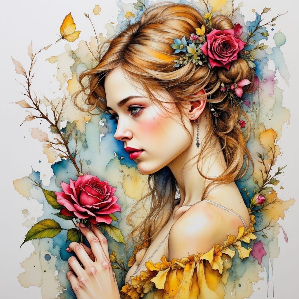 Belle with Rose: Intricate Pen and Ink Drawing