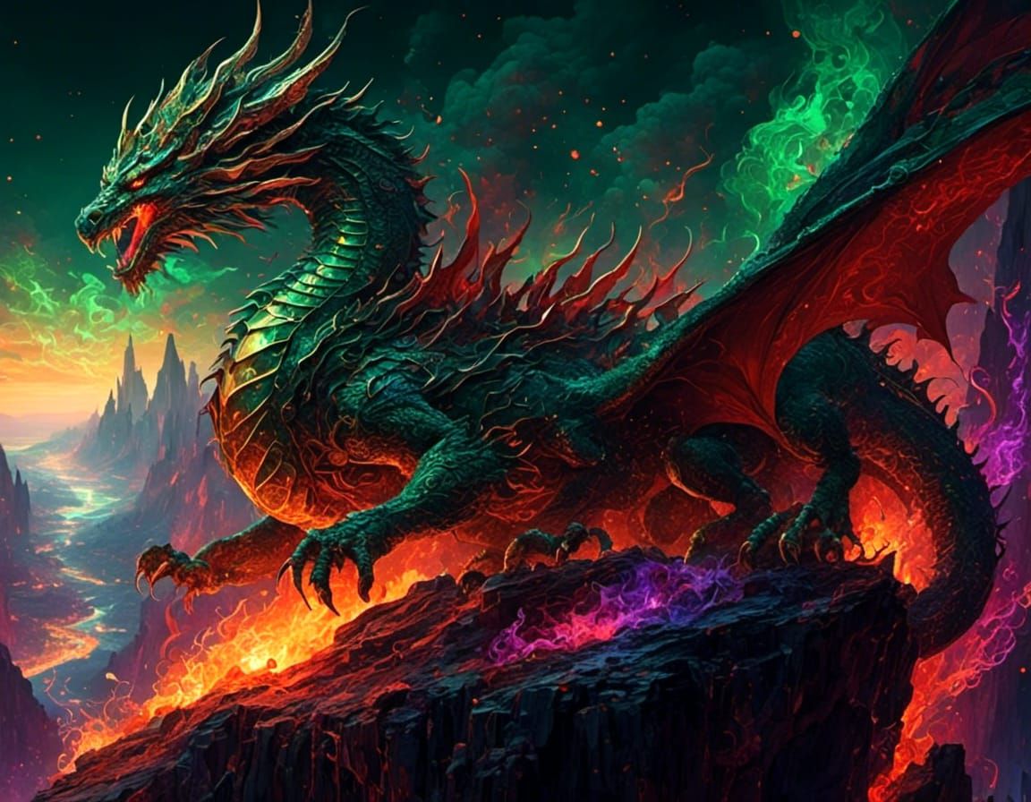 Elegant Green and Gold Dragon in Flames