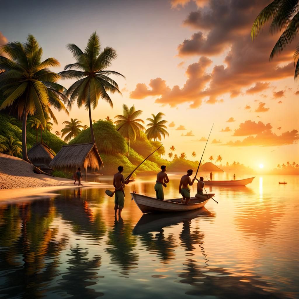Tropical Island Sunset with Fishing Boats: Photorealistic 8K
