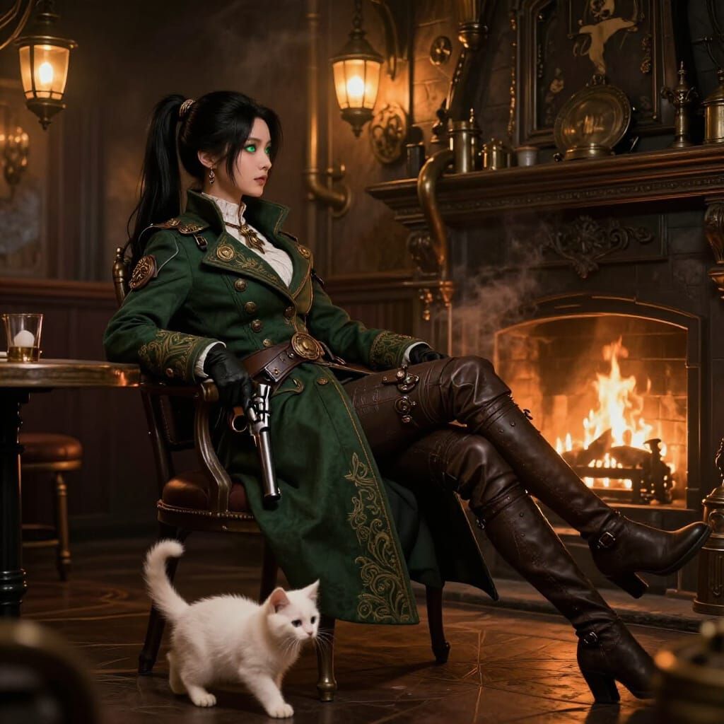 Steampunk Gunslinger with Kitten in Gothic Tavern