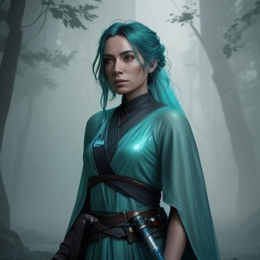 Female Jedi with Lightsaber in Teal Robe