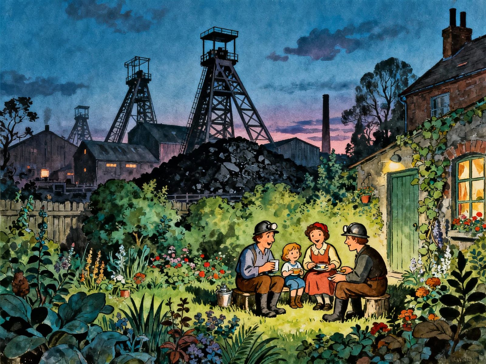 Miners Family Garden Evening Twilight Art