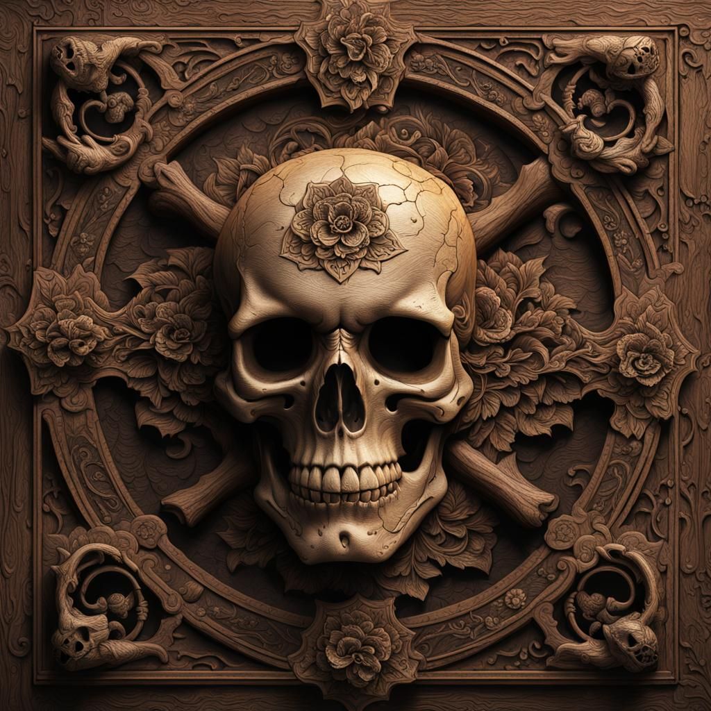 Detailed Skull Wood Relief Panel in Fantasy Art Style