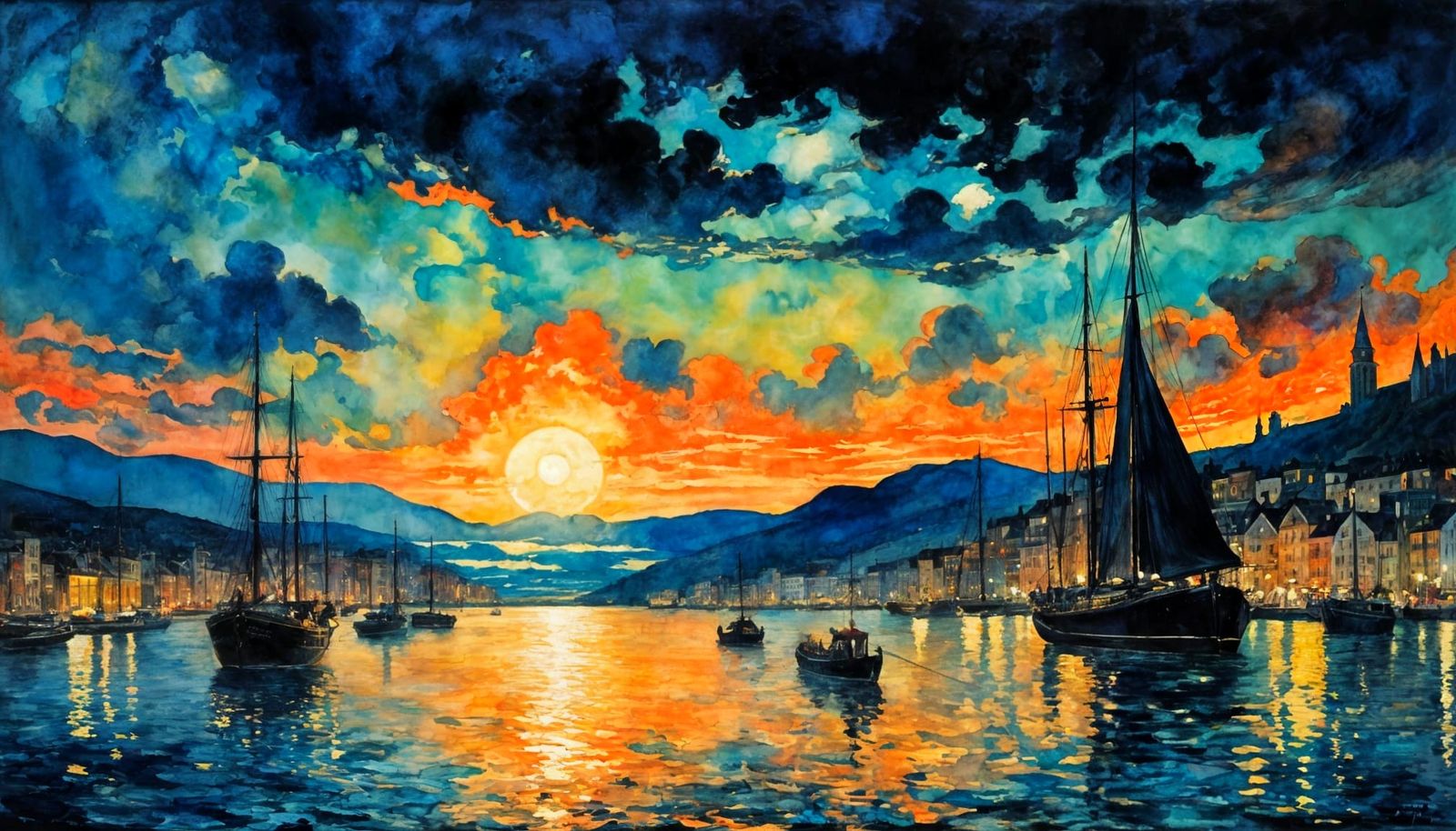 Glowing Harbor Scene in Alcohol Ink Style