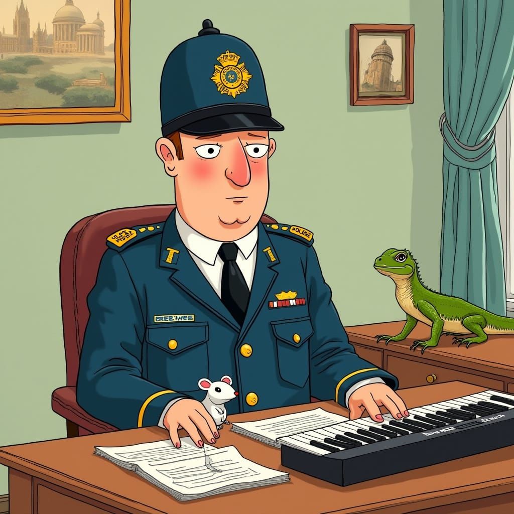 Traditional UK Police Officer in Whimsical Setting with Bold...