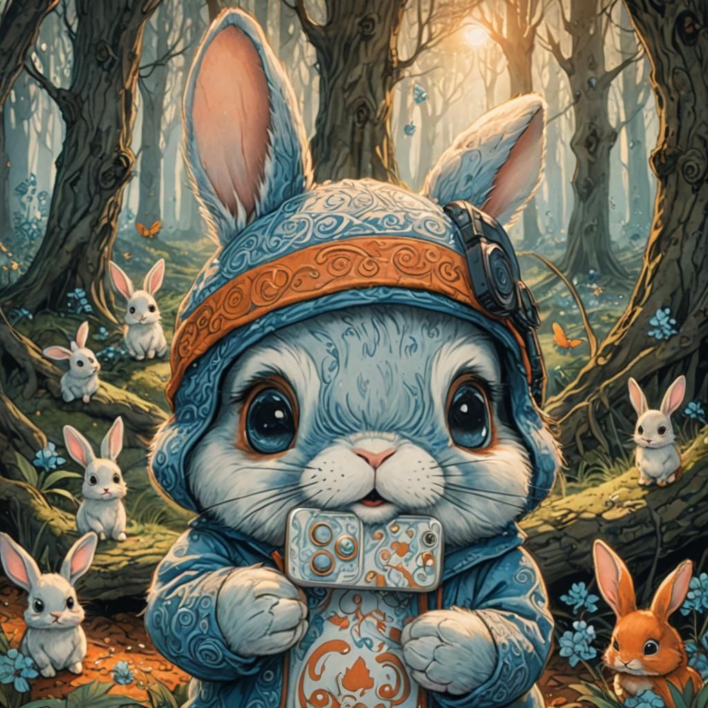 Bunny with Phone in Enchanting Forest Illustration