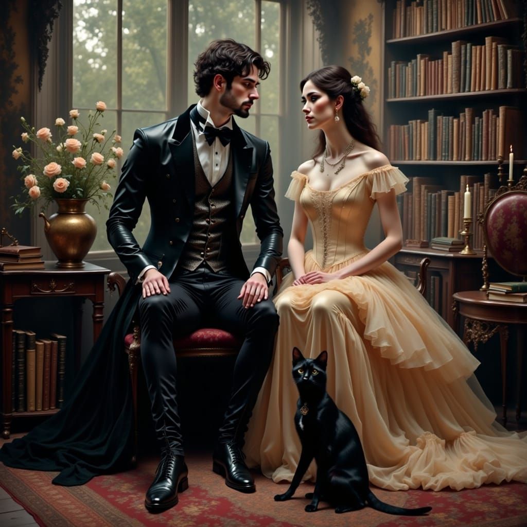 Elegant Women with Cats in Art Nouveau Style