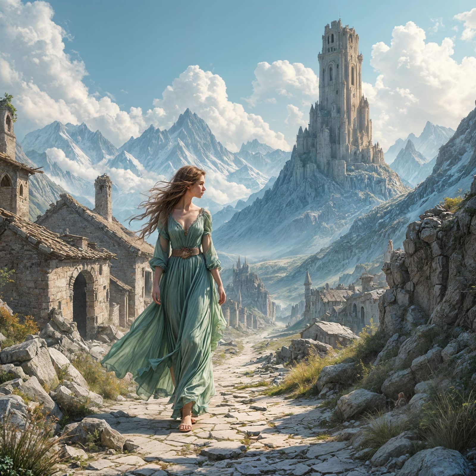 Enchanted Wizardess Walks Through Ruins in Pastel Fantasy