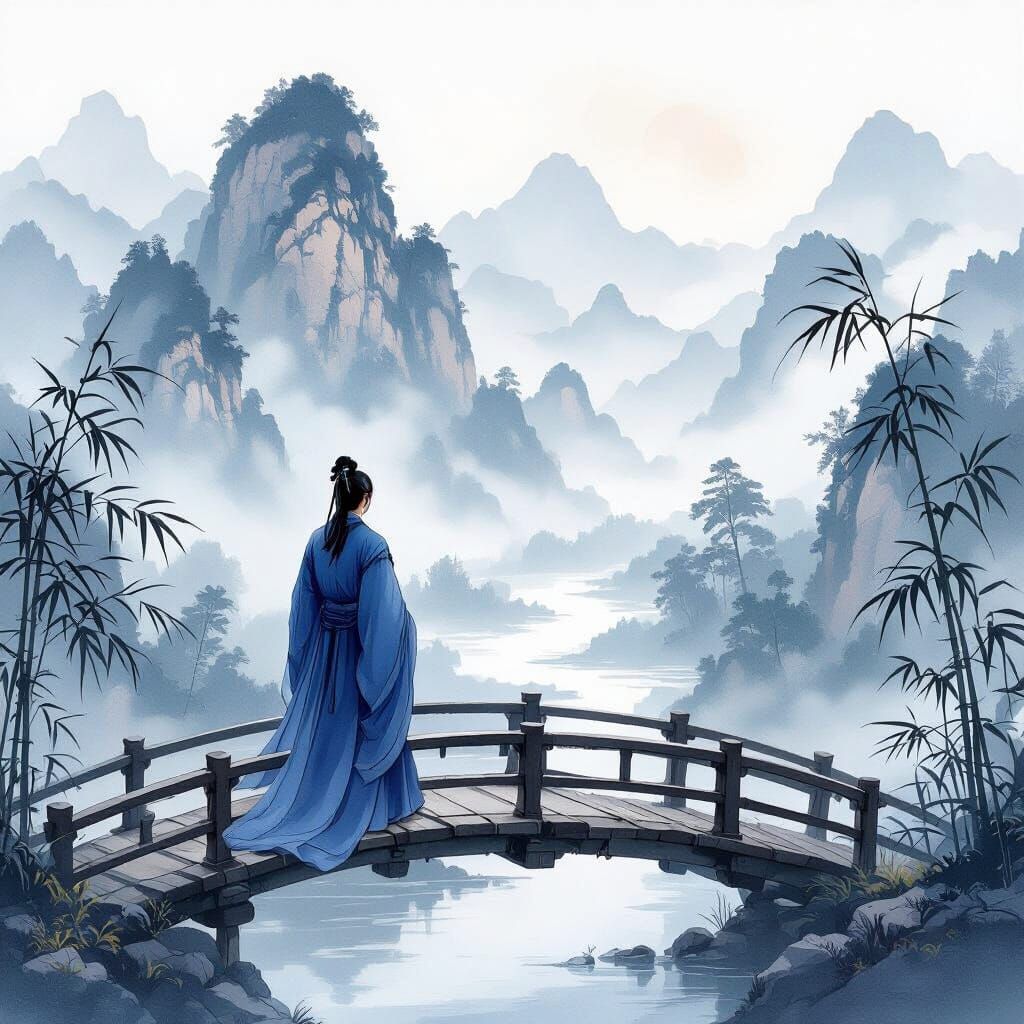 Ancient Scholar Gazes at Shan Shui Landscape Painting
