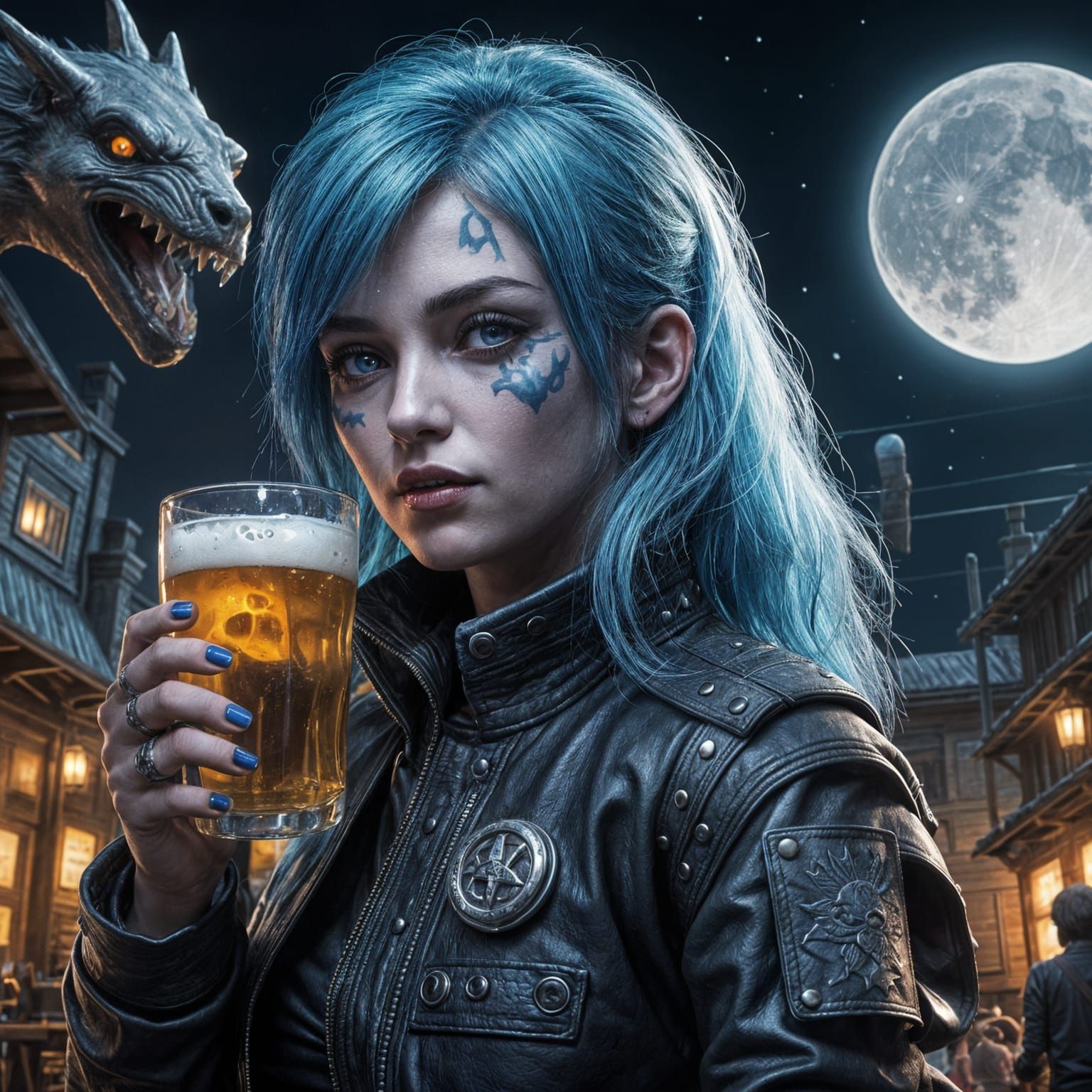 Goth Girl Drinks Beer with Vampires on the Moon