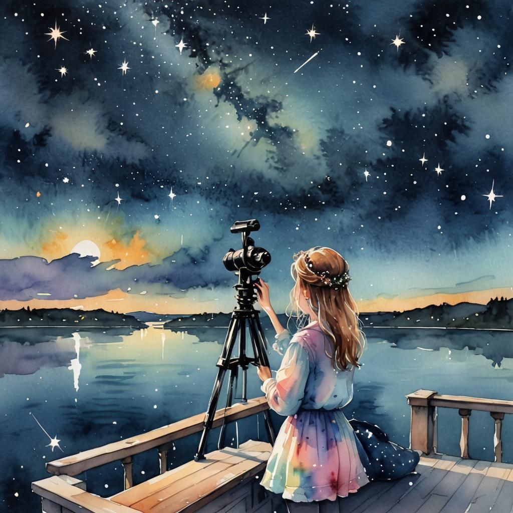 Watercolor Princess Watches Stars Over Lake